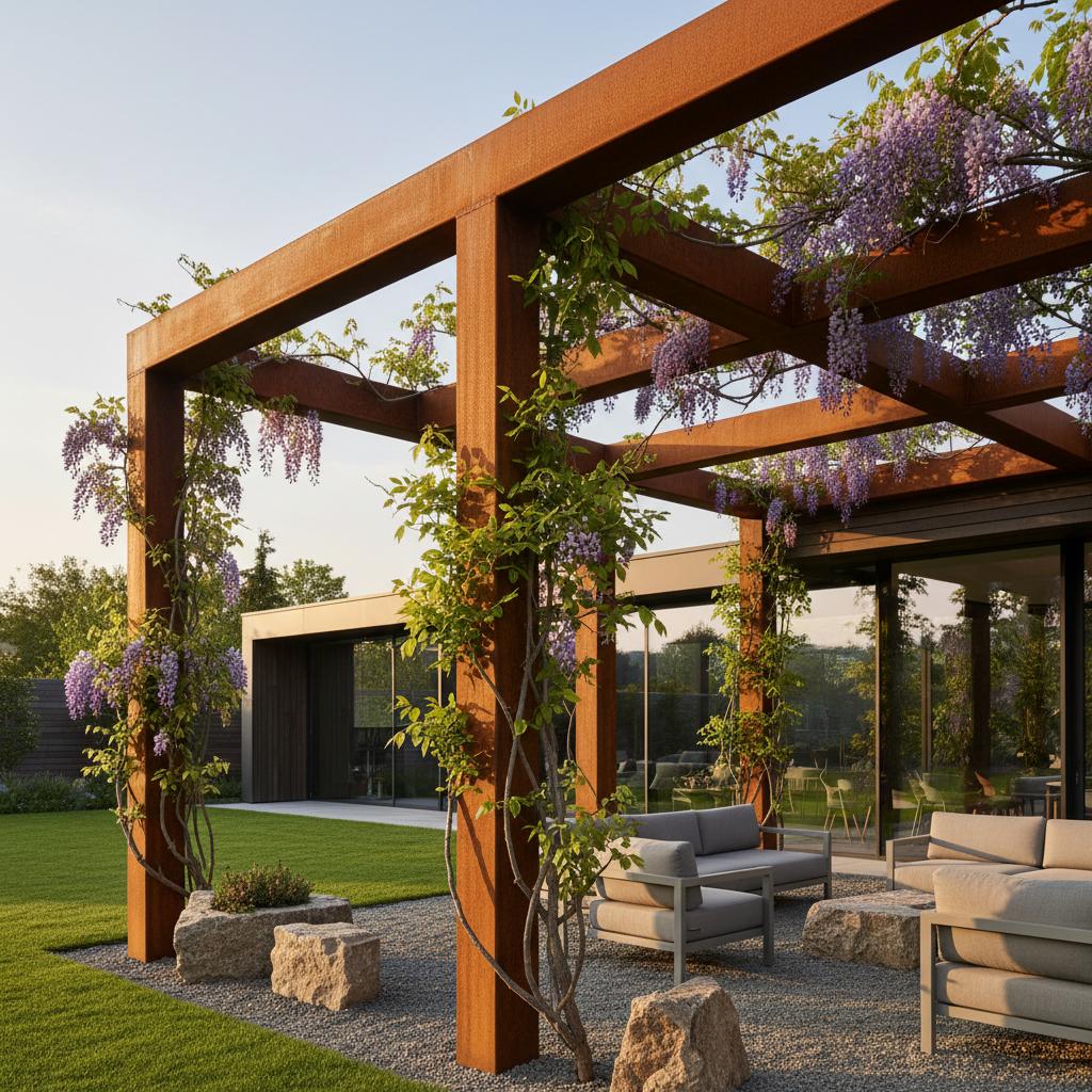 Robuuste cortenstaal pergola constructie met loungehoek in tuin